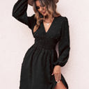 Black Medium Long Sleeve Dress with Smocked Waist and Textured Dot Pattern