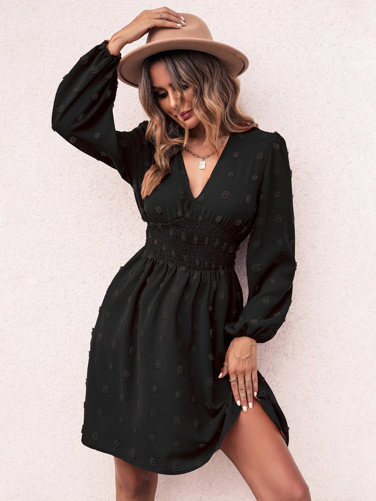 Long Sleeve Dress with Smocked Waist and Textured Dot Pattern