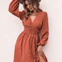 Brown Large Long Sleeve Dress with Smocked Waist and Textured Dot Pattern