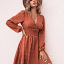 Brown Large Long Sleeve Dress with Smocked Waist and Textured Dot Pattern