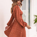 Brown Large Long Sleeve Dress with Smocked Waist and Textured Dot Pattern