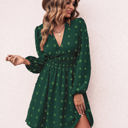 Green Large Long Sleeve Dress with Smocked Waist and Textured Dot Pattern