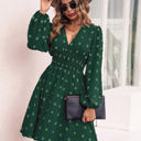 Green Large Long Sleeve Dress with Smocked Waist and Textured Dot Pattern