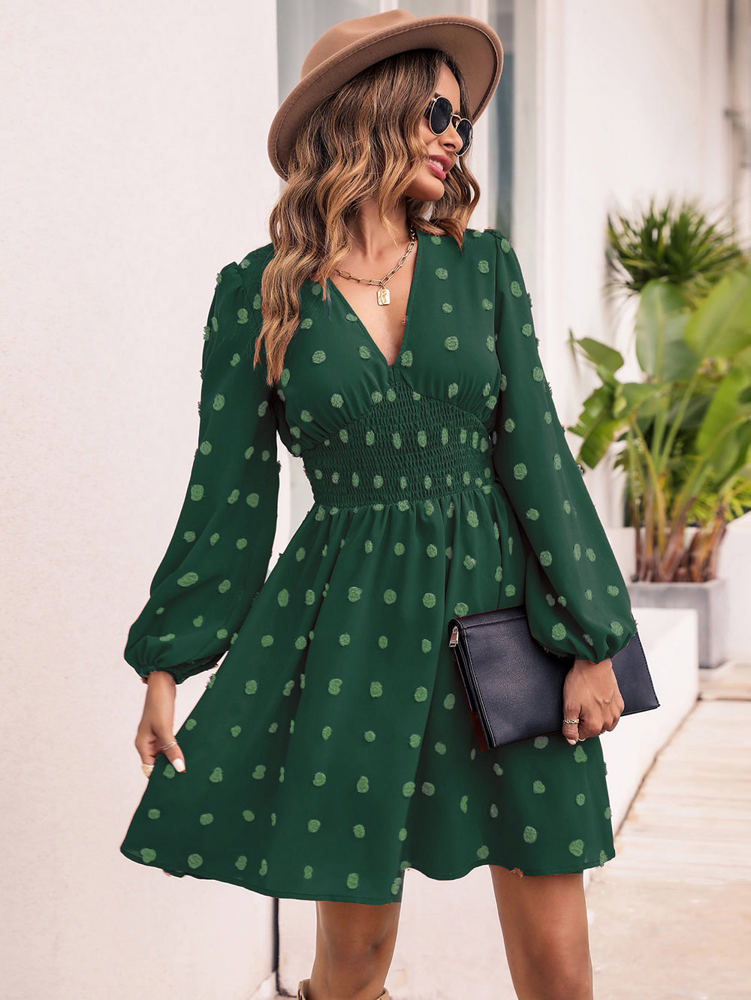 Long Sleeve Dress with Smocked Waist and Textured Dot Pattern