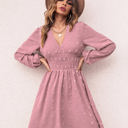 Pink Large Long Sleeve Dress with Smocked Waist and Textured Dot Pattern