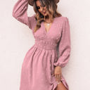 Pink Large Long Sleeve Dress with Smocked Waist and Textured Dot Pattern