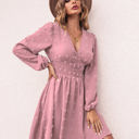 Pink Large Long Sleeve Dress with Smocked Waist and Textured Dot Pattern