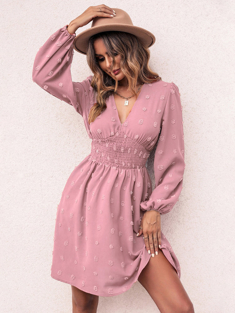 Long Sleeve Dress with Smocked Waist and Textured Dot Pattern