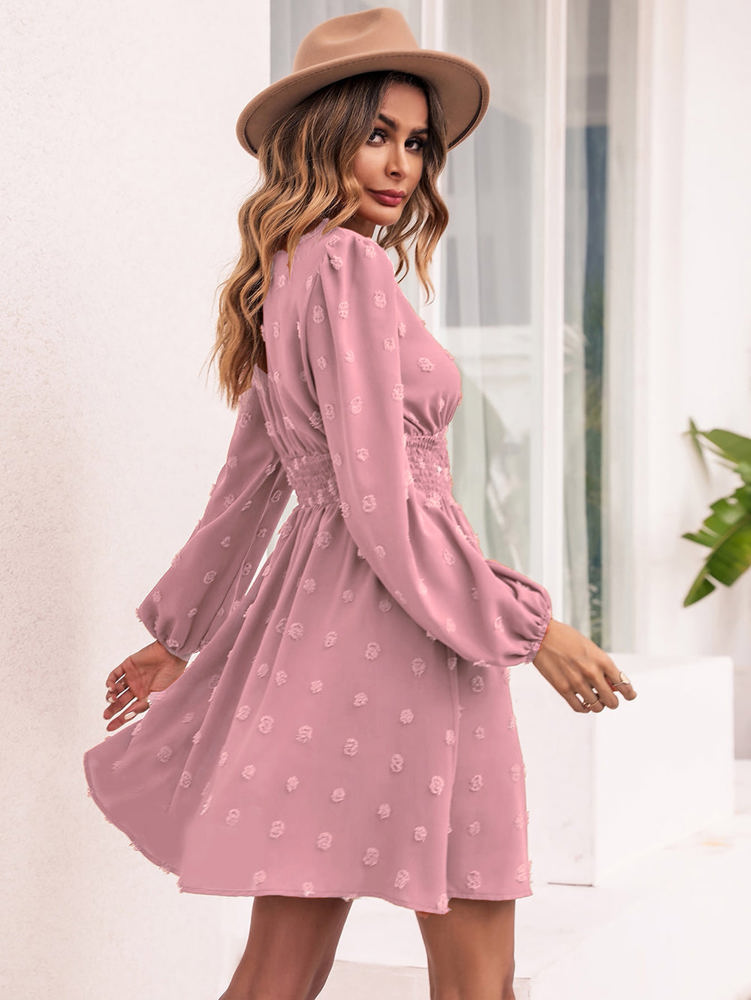 Long Sleeve Dress with Smocked Waist and Textured Dot Pattern