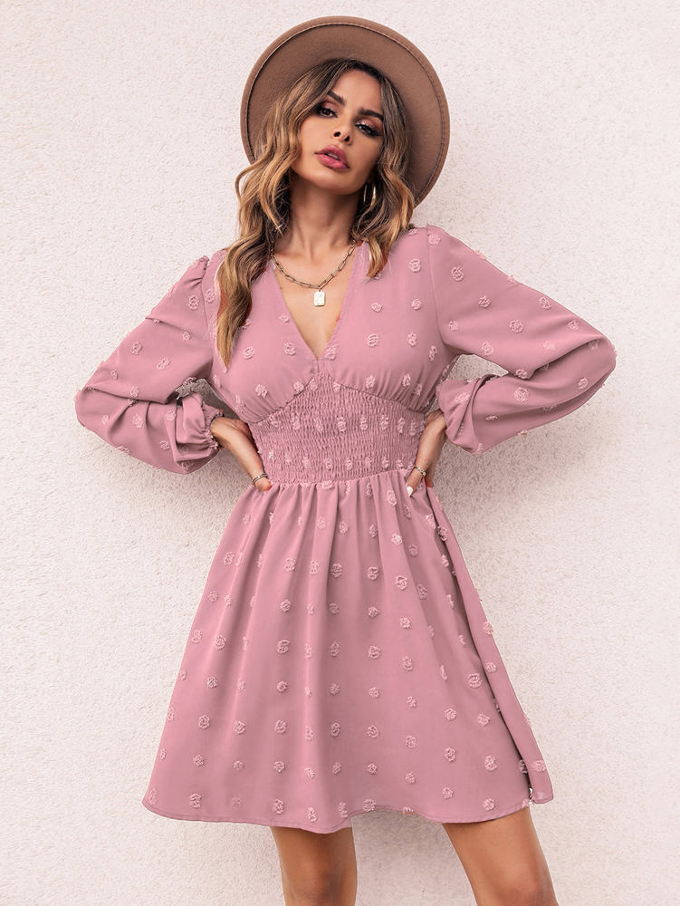 Long Sleeve Dress with Smocked Waist and Textured Dot Pattern