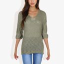  Lightweight Long Sleeve Knit Top with Notch Neck and Rolled Cuffs