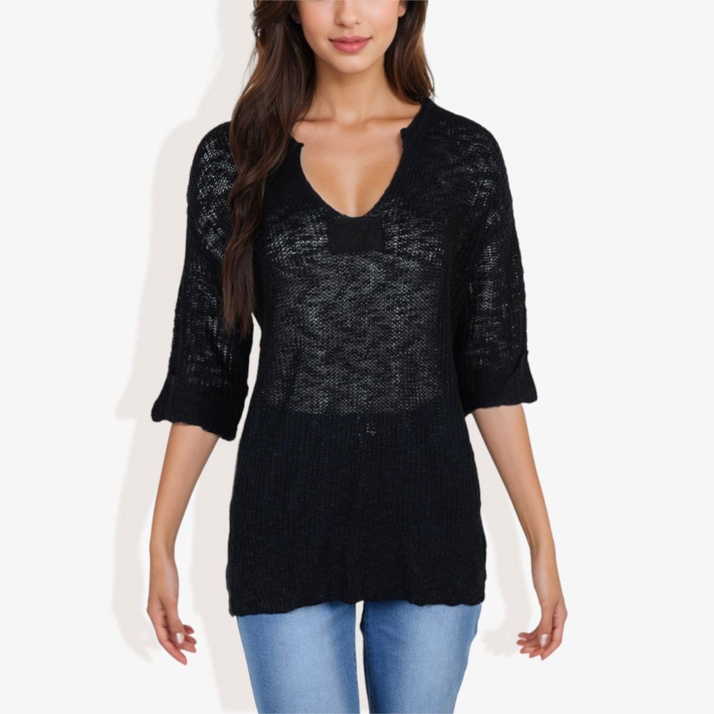 Lightweight Long Sleeve Knit Top with Notch Neck and Rolled Cuffs