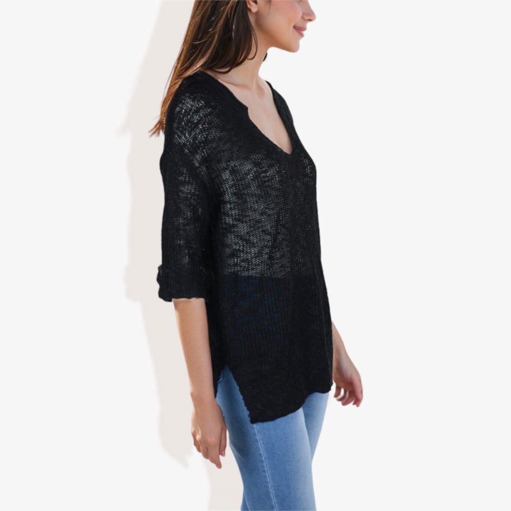 Lightweight Long Sleeve Knit Top with Notch Neck and Rolled Cuffs