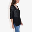 Black Large Lightweight Long Sleeve Knit Top with Notch Neck and Rolled Cuffs