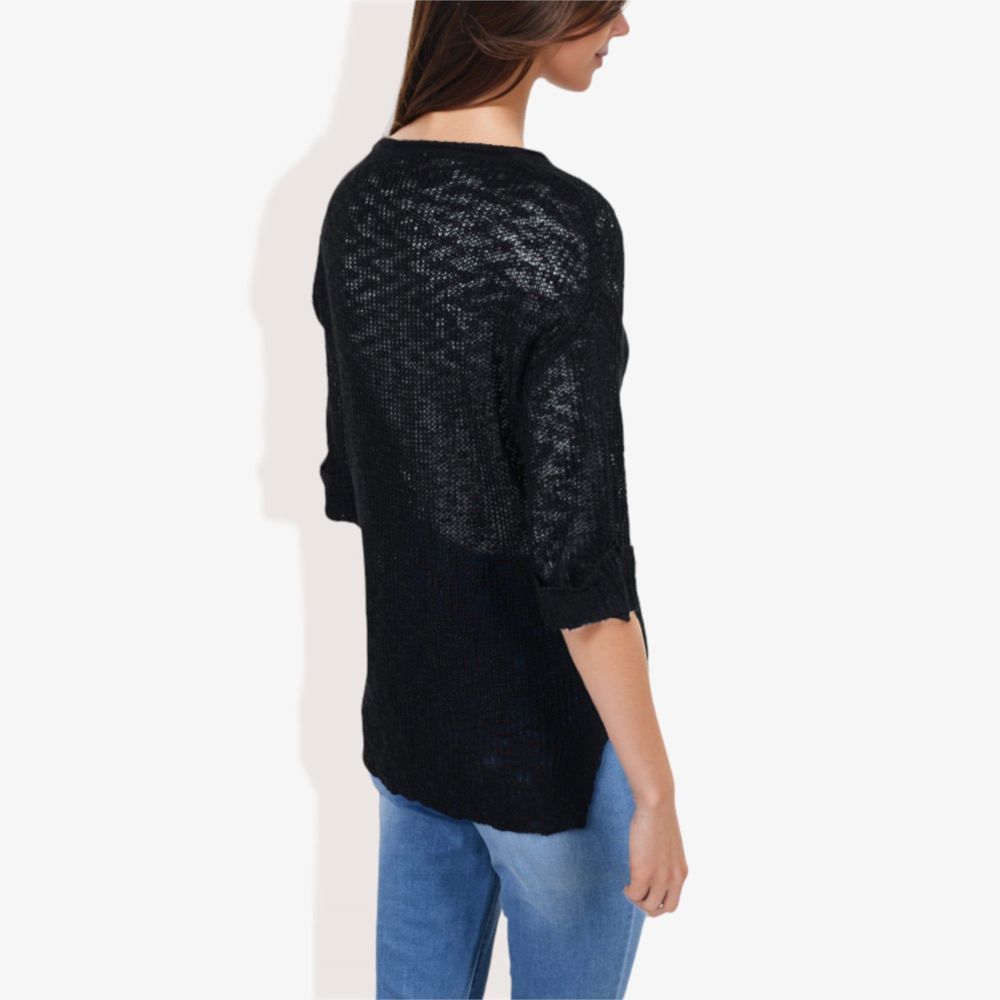 Lightweight Long Sleeve Knit Top with Notch Neck and Rolled Cuffs