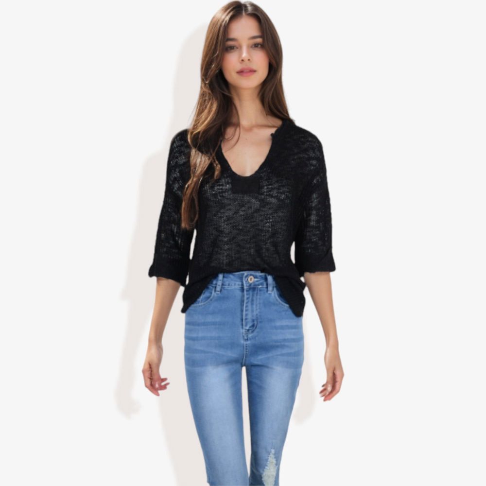 Lightweight Long Sleeve Knit Top with Notch Neck and Rolled Cuffs