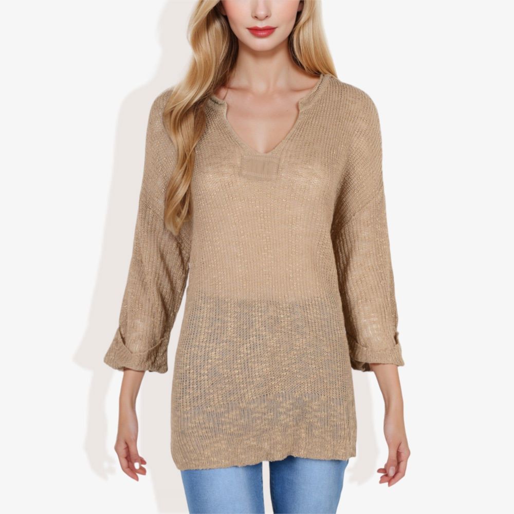 Lightweight Long Sleeve Knit Top with Notch Neck and Rolled Cuffs