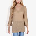 Beige Large Lightweight Long Sleeve Knit Top with Notch Neck and Rolled Cuffs