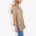 Beige Large Lightweight Long Sleeve Knit Top with Notch Neck and Rolled Cuffs