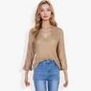 Beige Large Lightweight Long Sleeve Knit Top with Notch Neck and Rolled Cuffs