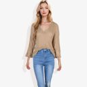 Beige Large Lightweight Long Sleeve Knit Top with Notch Neck and Rolled Cuffs