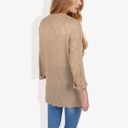 Beige Medium Lightweight Long Sleeve Knit Top with Notch Neck and Rolled Cuffs