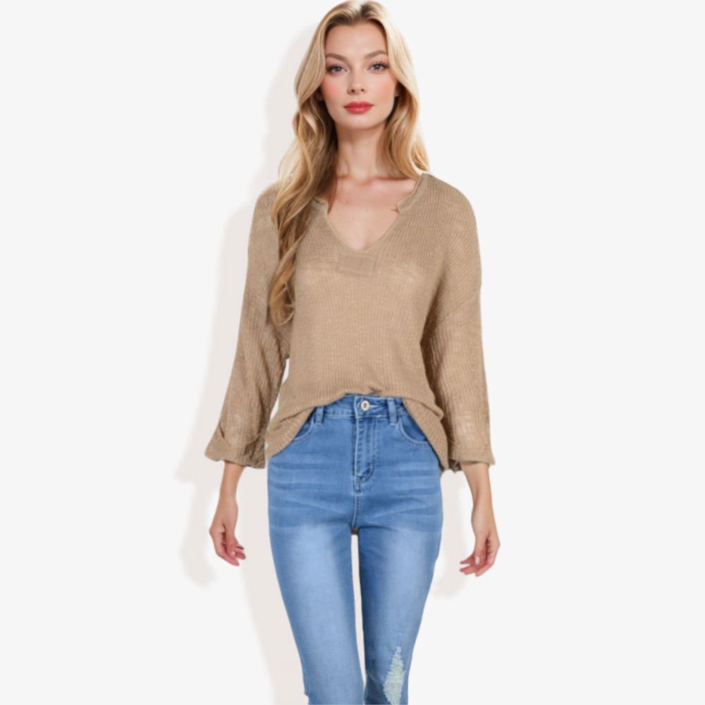 Lightweight Long Sleeve Knit Top with Notch Neck and Rolled Cuffs