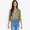 Green Large Lightweight Long Sleeve Knit Top with Notch Neck and Rolled Cuffs