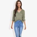 Green Large Lightweight Long Sleeve Knit Top with Notch Neck and Rolled Cuffs