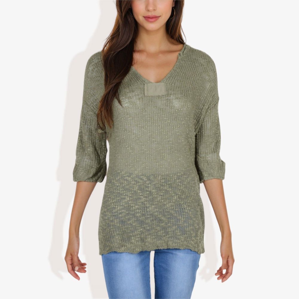 Lightweight Long Sleeve Knit Top with Notch Neck and Rolled Cuffs