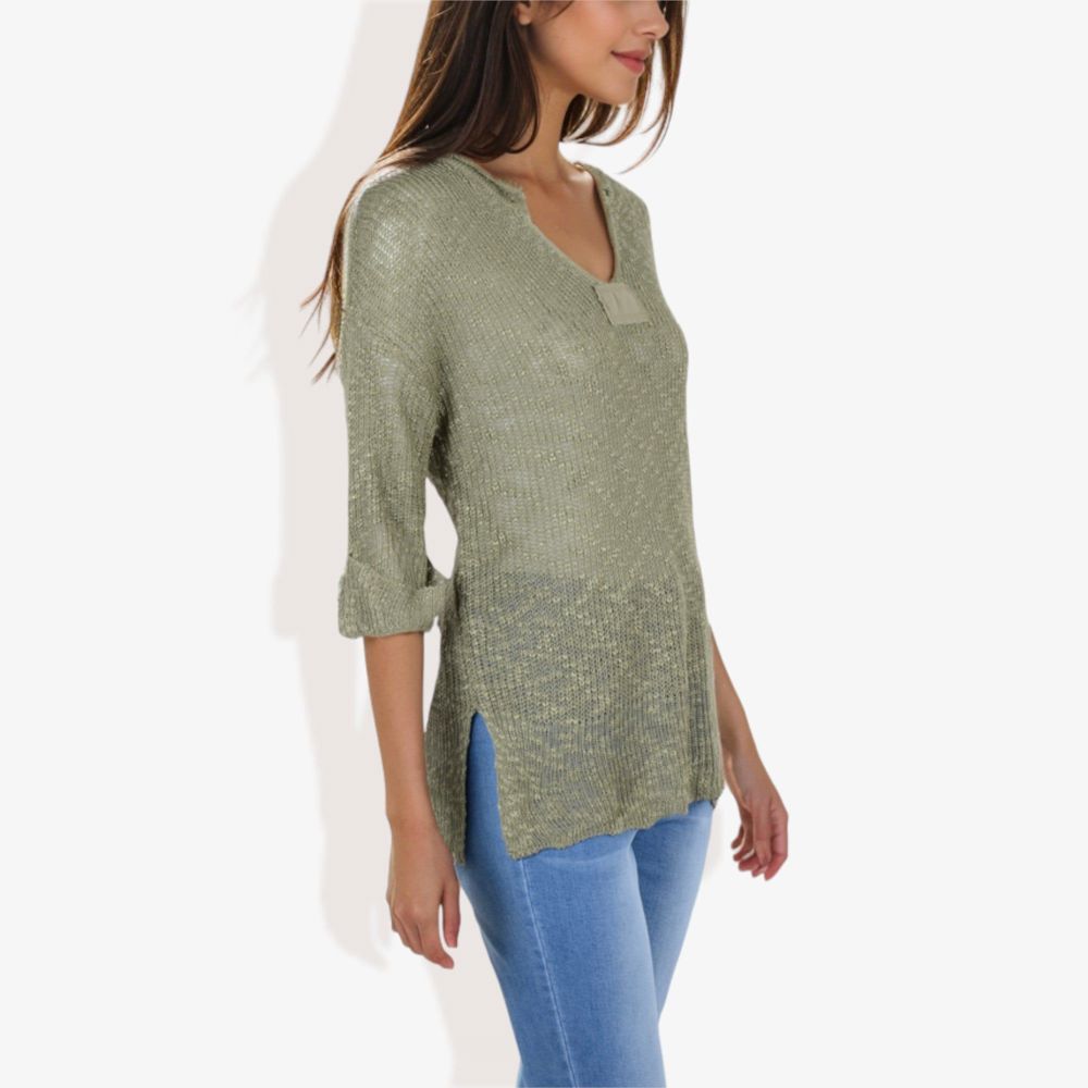 Lightweight Long Sleeve Knit Top with Notch Neck and Rolled Cuffs