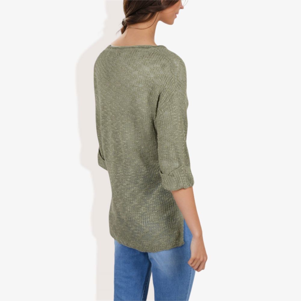 Lightweight Long Sleeve Knit Top with Notch Neck and Rolled Cuffs