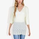 White Large Lightweight Long Sleeve Knit Top with Notch Neck and Rolled Cuffs