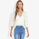 White Large Lightweight Long Sleeve Knit Top with Notch Neck and Rolled Cuffs