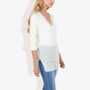 White Large Lightweight Long Sleeve Knit Top with Notch Neck and Rolled Cuffs