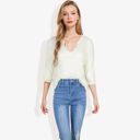 White Large Lightweight Long Sleeve Knit Top with Notch Neck and Rolled Cuffs