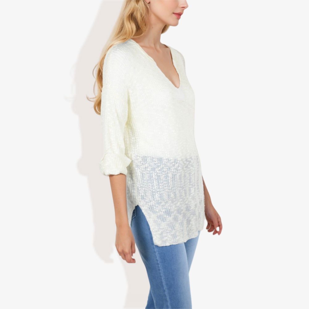 Lightweight Long Sleeve Knit Top with Notch Neck and Rolled Cuffs