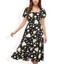  Puff Sleeve Floral Midi Dress with Square Neckline and Flowy Skirt