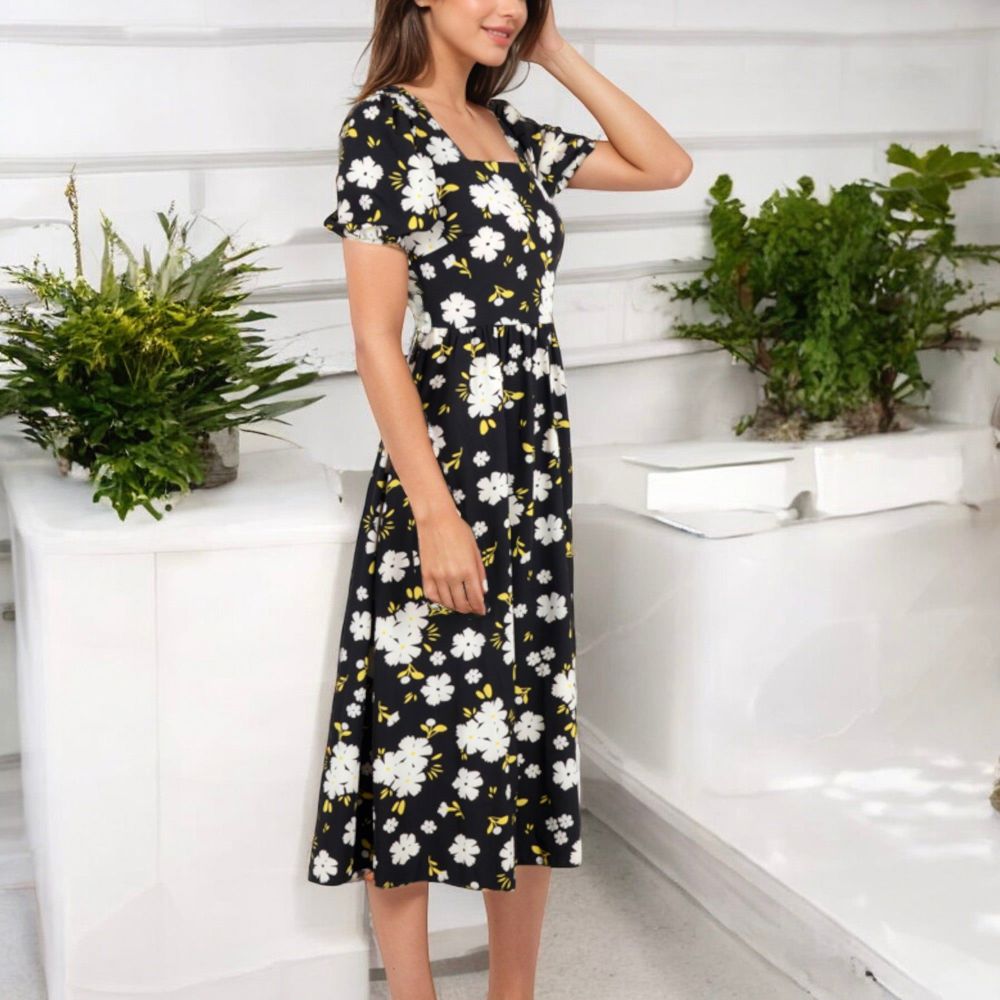 Puff Sleeve Floral Midi Dress with Square Neckline and Flowy Skirt