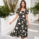  Puff Sleeve Floral Midi Dress with Square Neckline and Flowy Skirt