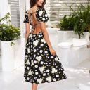 Black Large Puff Sleeve Floral Midi Dress with Square Neckline and Flowy Skirt