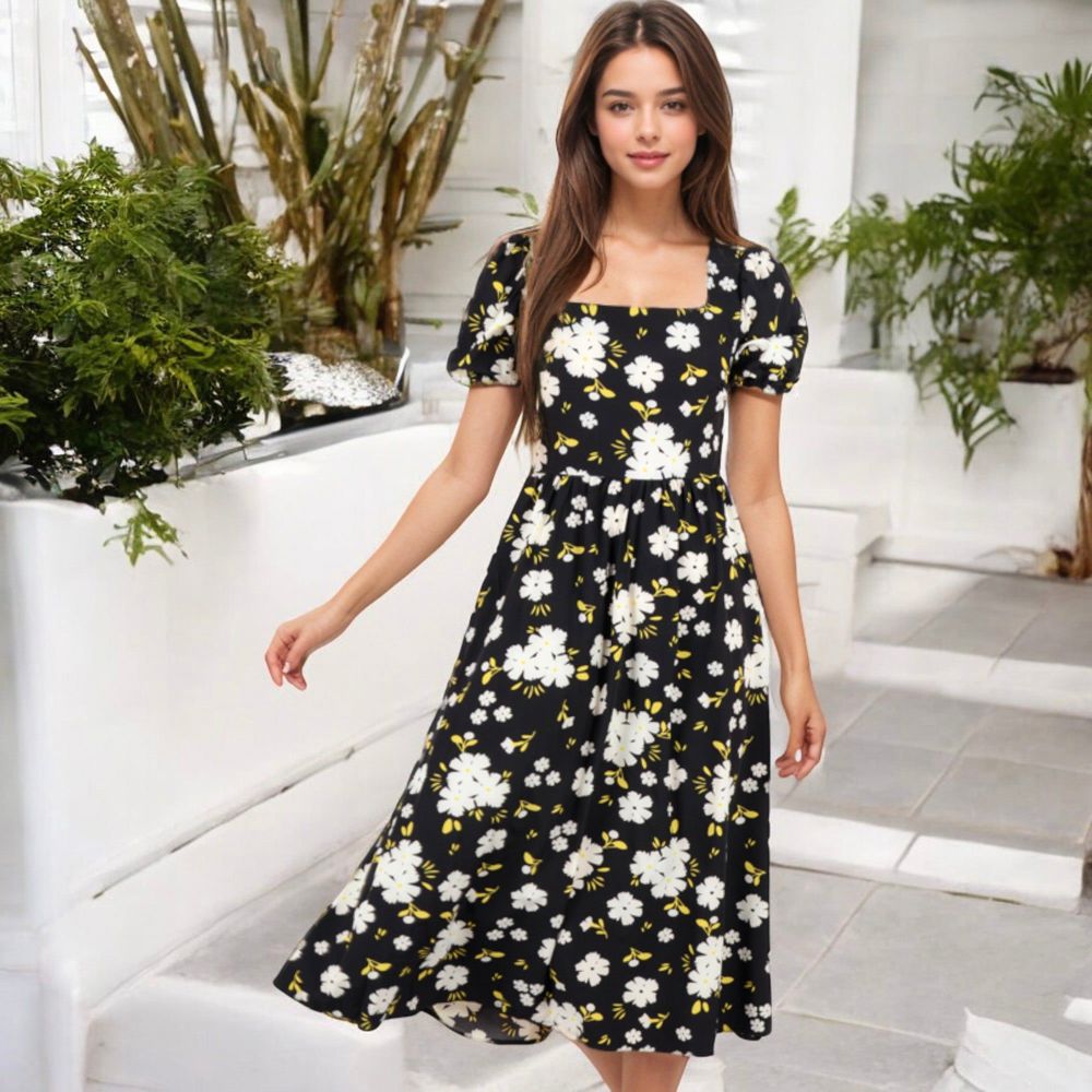 Puff Sleeve Floral Midi Dress with Square Neckline and Flowy Skirt