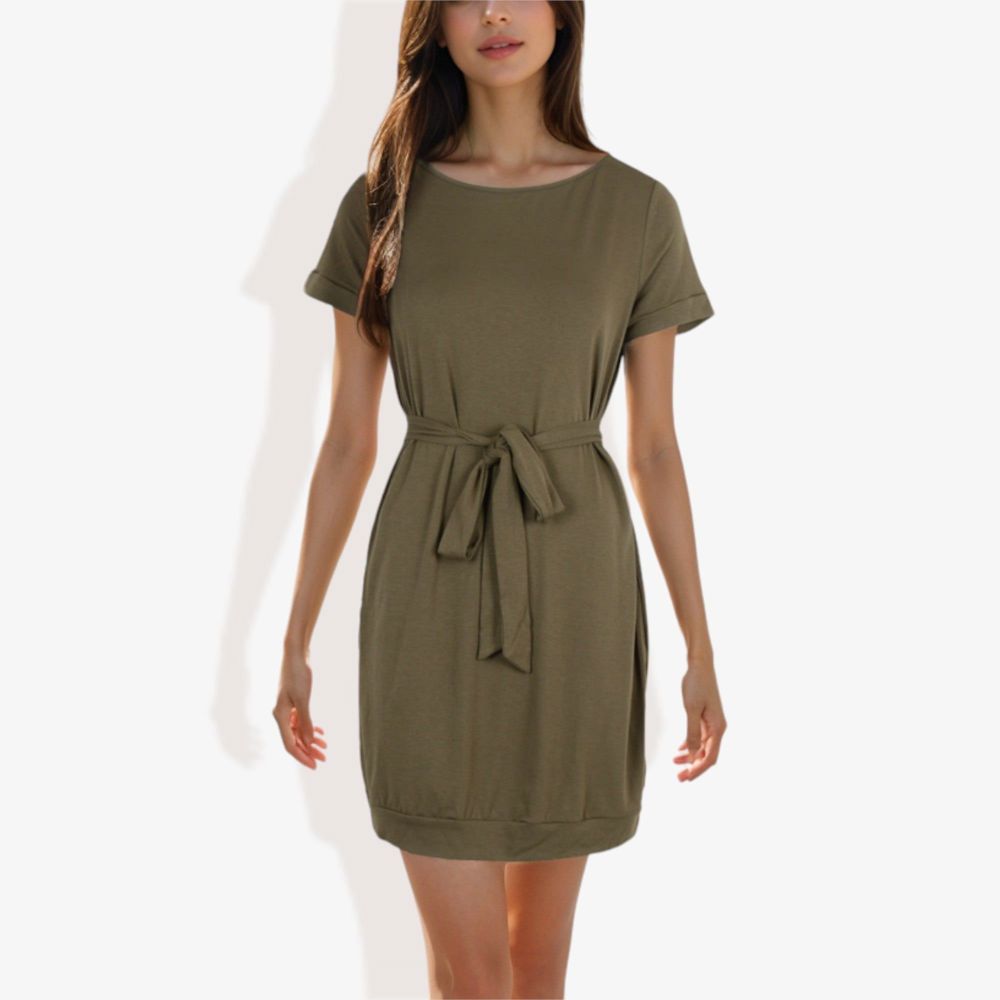 Short Sleeve Casual Dress with Waist Tie Comfortable and Versatile Design Perfect for Everyday Wear