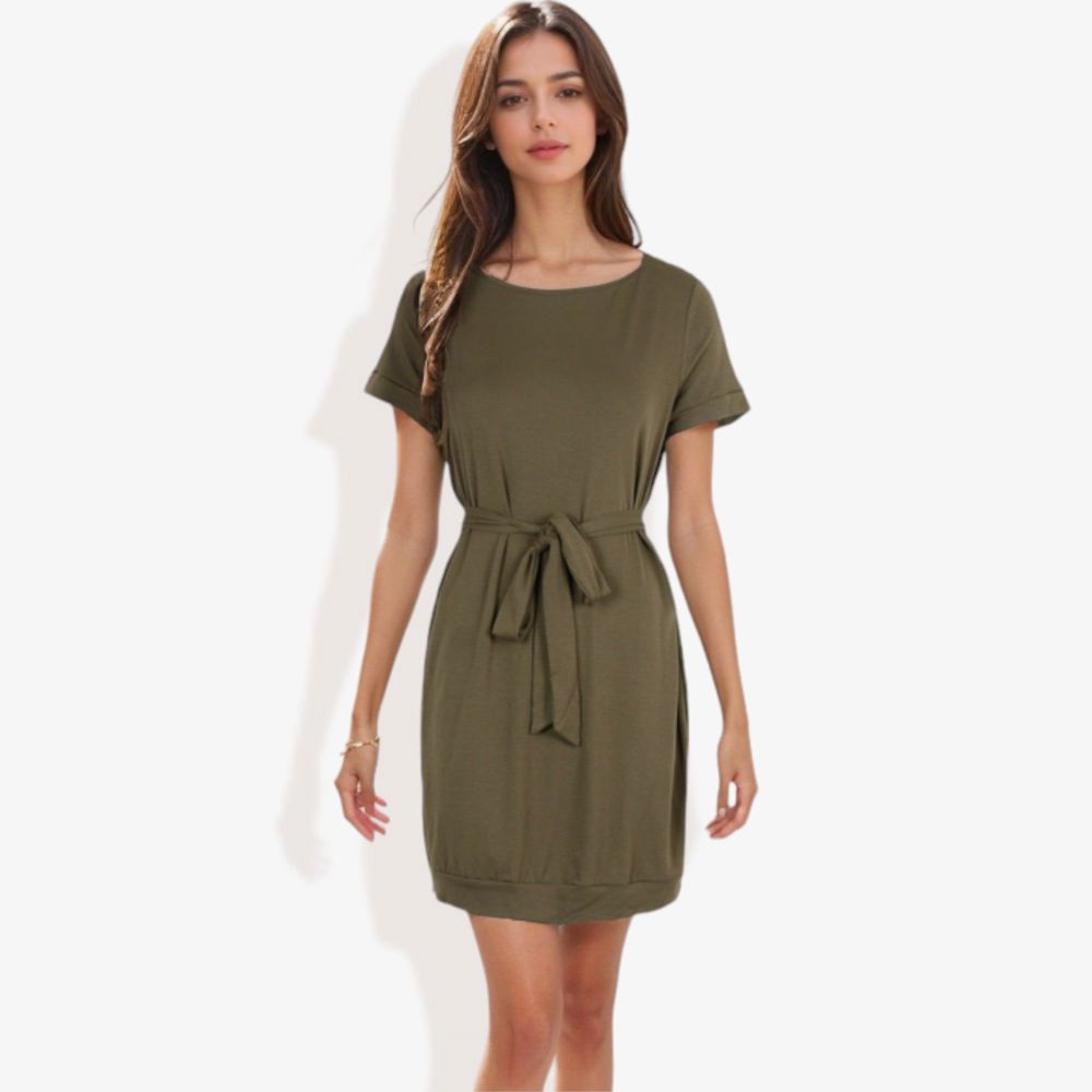 Short Sleeve Casual Dress with Waist Tie Comfortable and Versatile Design Perfect for Everyday Wear