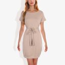 Beige Large Short Sleeve Casual Dress with Waist Tie Comfortable and Versatile Design Perfect for Everyday Wear