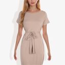 Beige Large Short Sleeve Casual Dress with Waist Tie Comfortable and Versatile Design Perfect for Everyday Wear