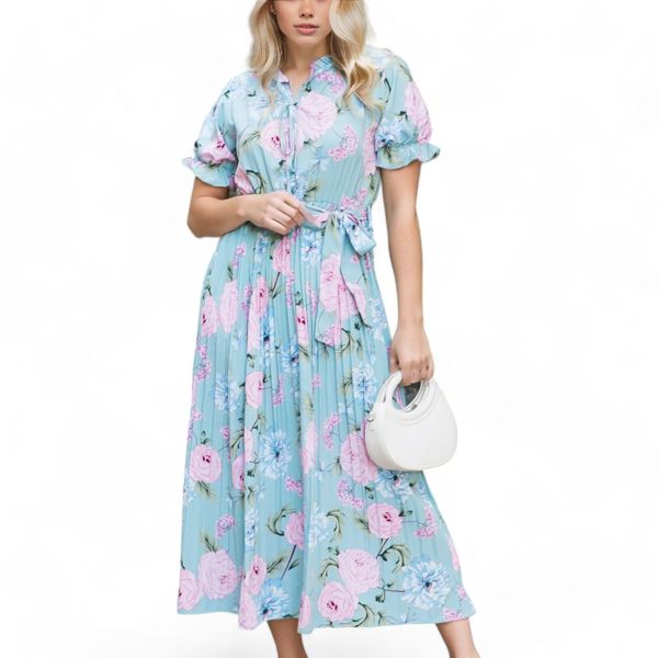 Ruffle Tie Neck Short Puffed Short Sleeve Pleated Midi Dress