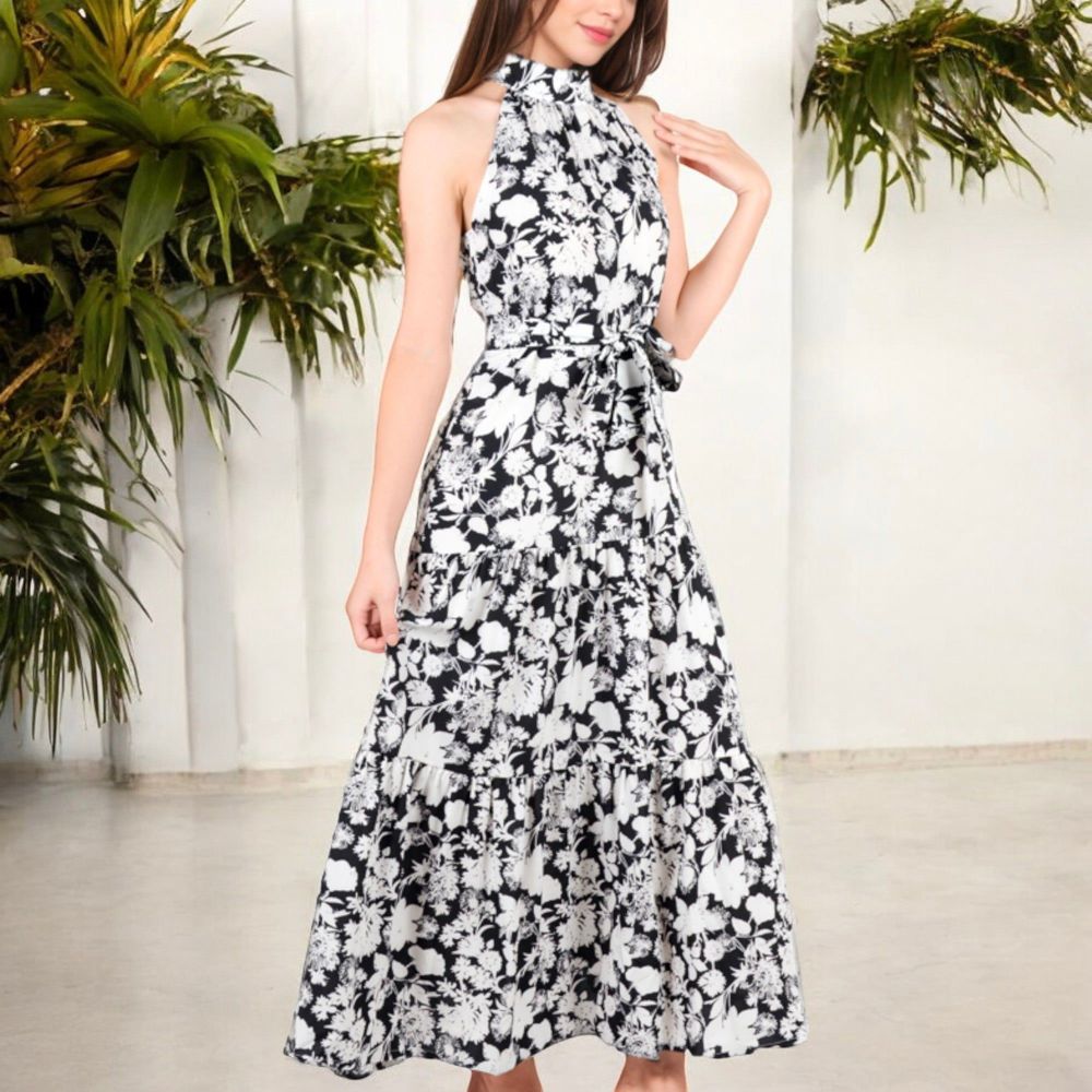 Floral Bold Print Halter Neck Tiered Ruffle Maxi Dress