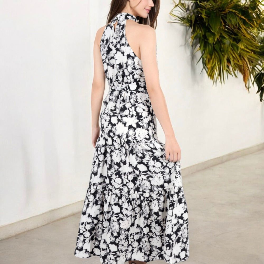 Floral Bold Print Halter Neck Tiered Ruffle Maxi Dress