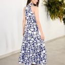 Blue Large Floral Bold Print Halter Neck Tiered Ruffle Maxi Dress